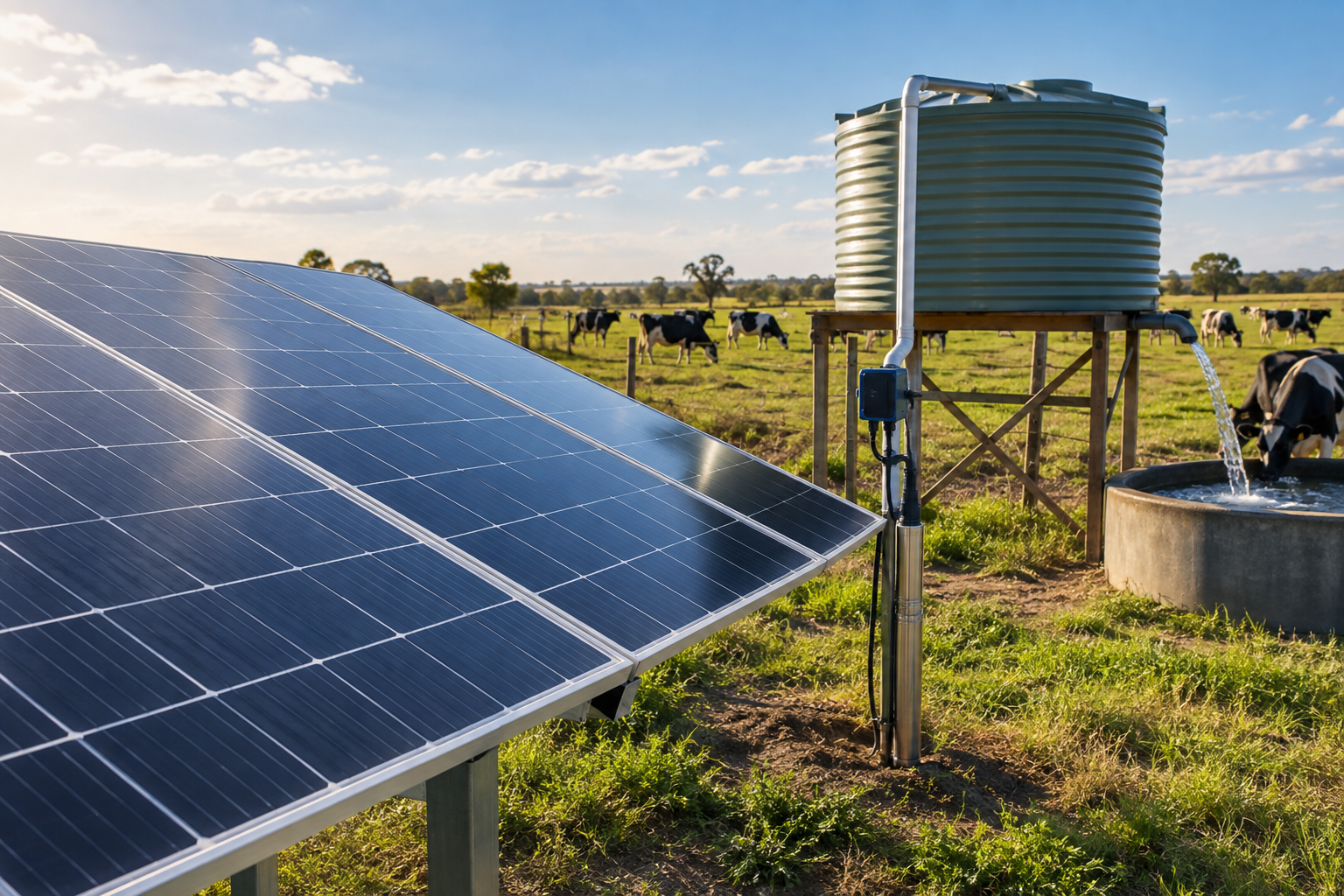 Bombeo solar en campo con paneles y tanque australiano